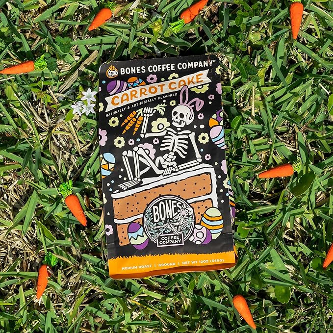 Bones Coffee Company Carrot Cake with Sweet Cream Cheese Flavored Coffee, Medium Roast Low Acid Arabica Beans Compatible with Auto drip and French Press Coffee Maker, 12 Oz Whole Bean