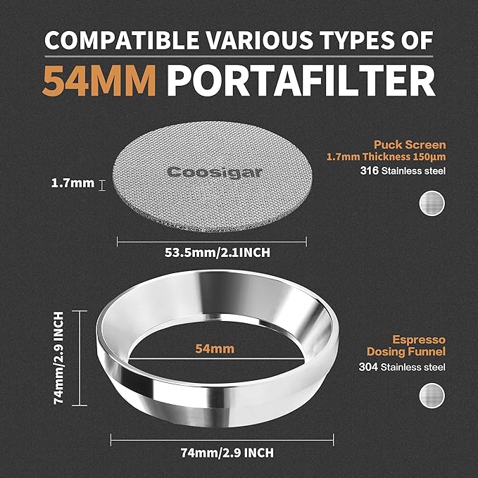 54mm Espresso Dosing Funnel and Puck Screen Set,Stainless Steel Coffee Dosing Ring Compatible with Breville 54mm Portafilter.Reusable 1.7mm Thickness Espresso Puck Screen(Stainless Steel)