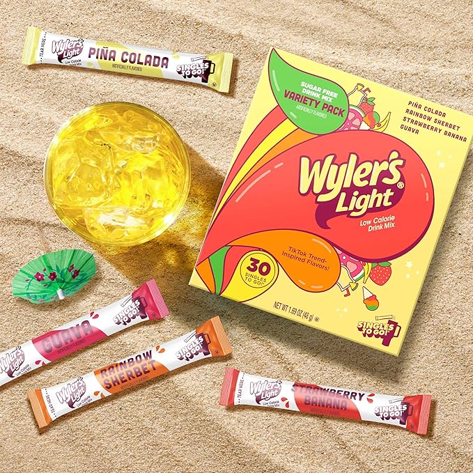 Wyler’s Light Island Flavors Variety Pack, Singles To Go Sugar Free Drink Mix, Low Calorie Water Enhancer, 30 Sticks, Piña Colada, Rainbow Sherbet, Strawberry Banana, Guava