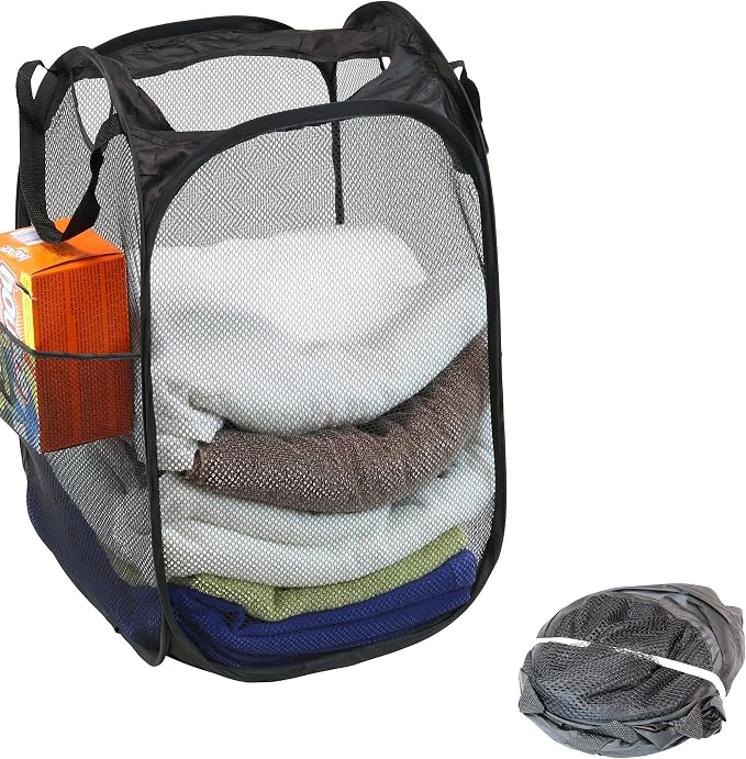 Simple Houseware Mesh Pop-Up Laundry Hamper Basket with Side Pocket, Black - 2 Pack
