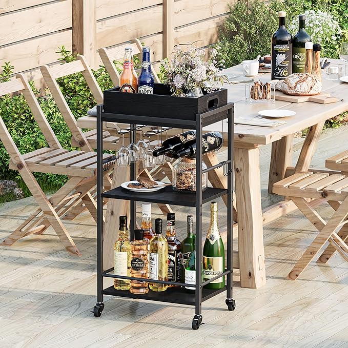 3-Tier Bar Cart with Removable Tray, Small Bar Carts with Wheels, Rolling Beverage Cart, Drink Cart, Black Wine Cart with Wine Rack for Kitchen, Living Room (Black) GBC513B