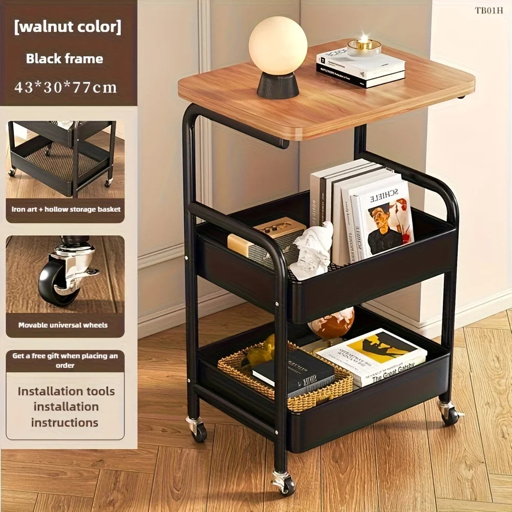 3-Tier Rolling Cart with Tabletop, Metal Tool and Snack Rack with Storage, Durable Carbon Steel Frame, Wheels for Easy Mobility