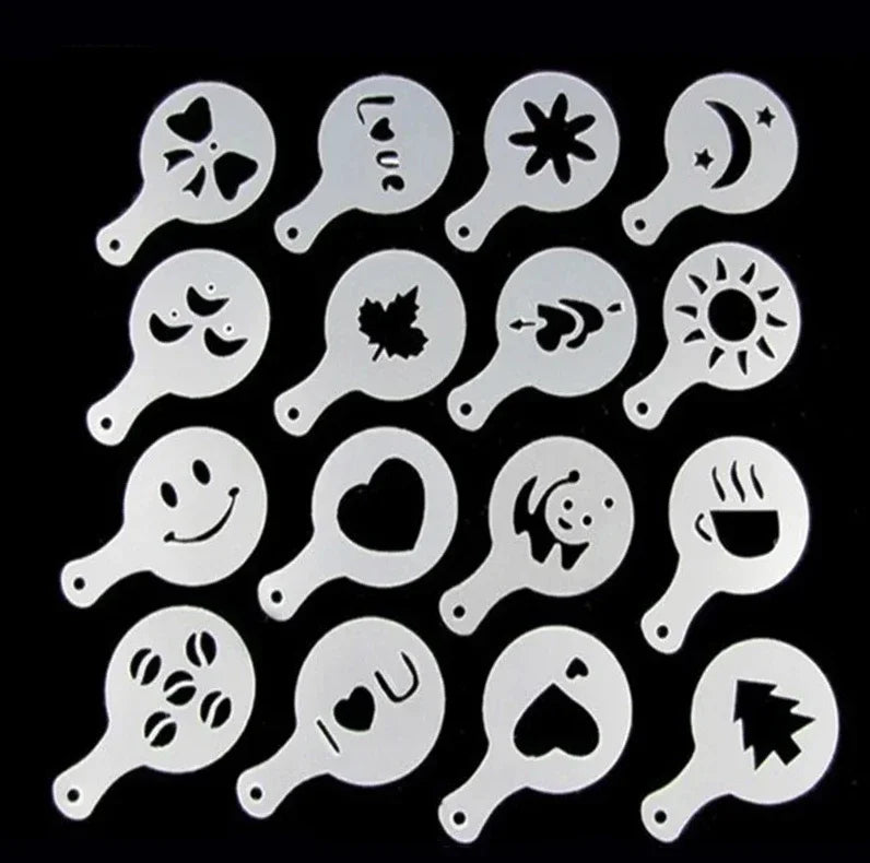 16Pcs/Set Coffee Mold Latte Cappuccino Barista Art Stencils Cake Duster Templates Coffee Accessories Milk Mold Coffe Decoration