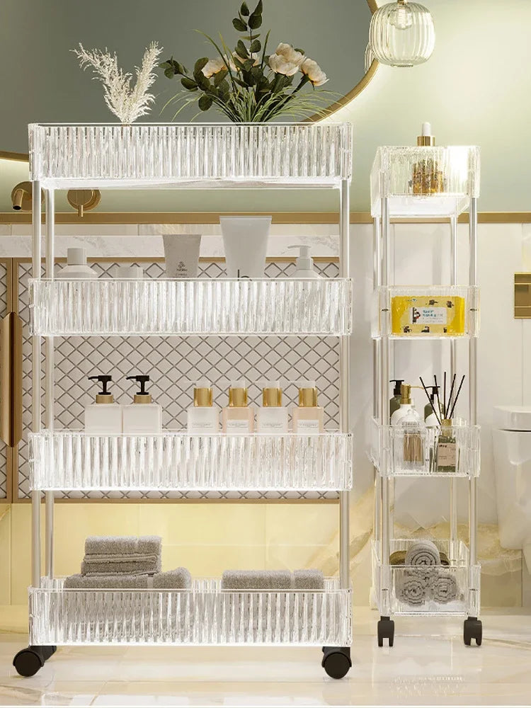 Clear Acrylic Trolley Rack Movable Rolling Utility Cart Narrow Gap Storage Rack with Wheels Bathroom Removable Shelf 2/3/4 Layer
