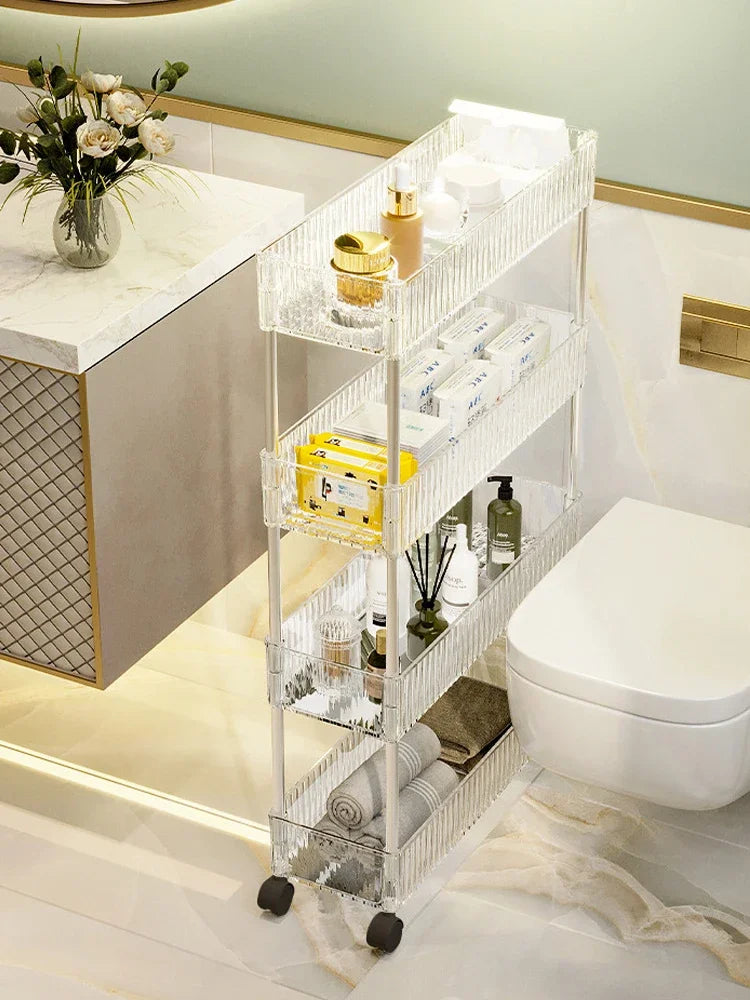 Clear Acrylic Trolley Rack Movable Rolling Utility Cart Narrow Gap Storage Rack with Wheels Bathroom Removable Shelf 2/3/4 Layer