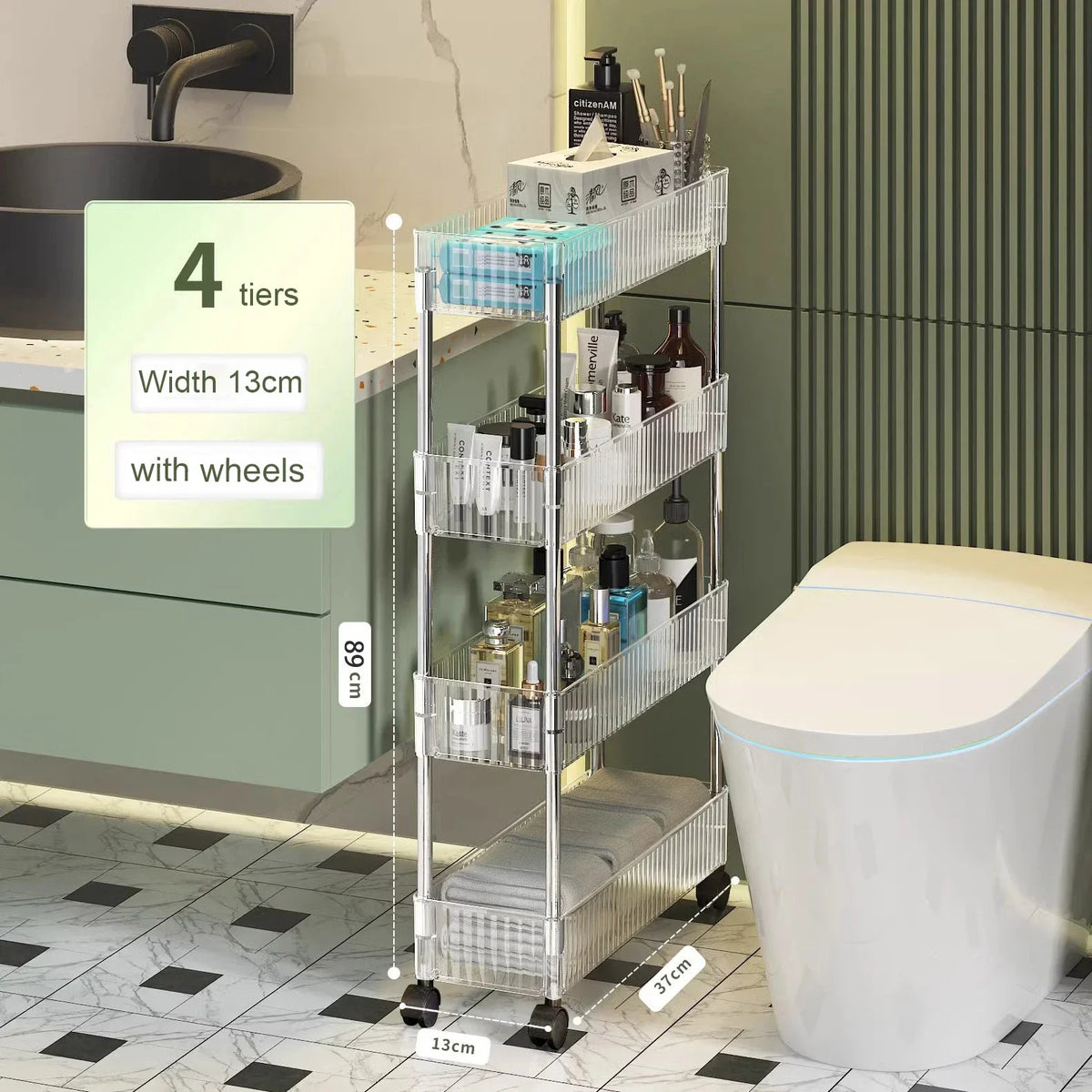 Clear Acrylic Trolley Rack Movable Rolling Utility Cart Narrow Gap Storage Rack with Wheels Bathroom Removable Shelf 2/3/4 Layer