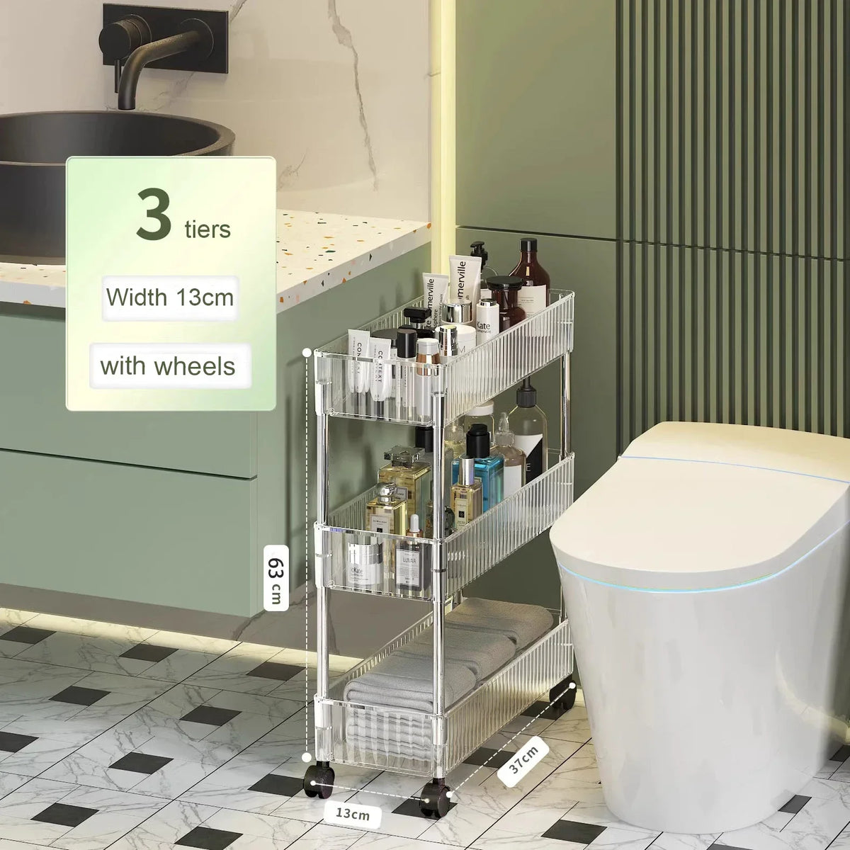 Clear Acrylic Trolley Rack Movable Rolling Utility Cart Narrow Gap Storage Rack with Wheels Bathroom Removable Shelf 2/3/4 Layer