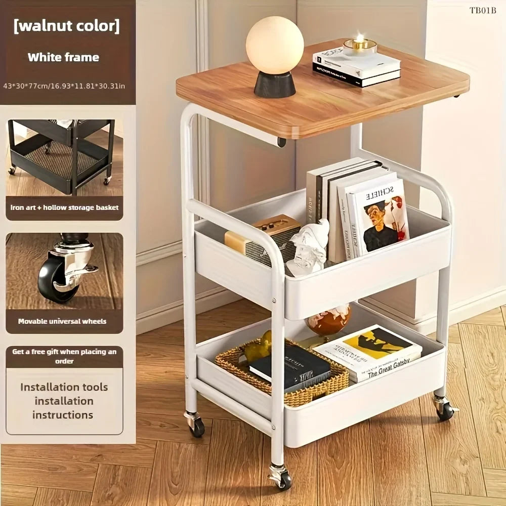 3-Tier Rolling Cart with Tabletop, Metal Tool and Snack Rack with Storage, Durable Carbon Steel Frame, Wheels for Easy Mobility