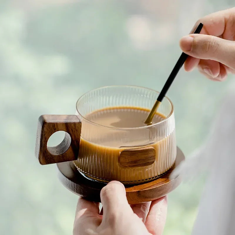 Coffee Cup Set Tea Cup 250ml Office Walnut  Wood Water Cup Casual Afternoon Tea Cup with Tray Spoon Coffee Cup