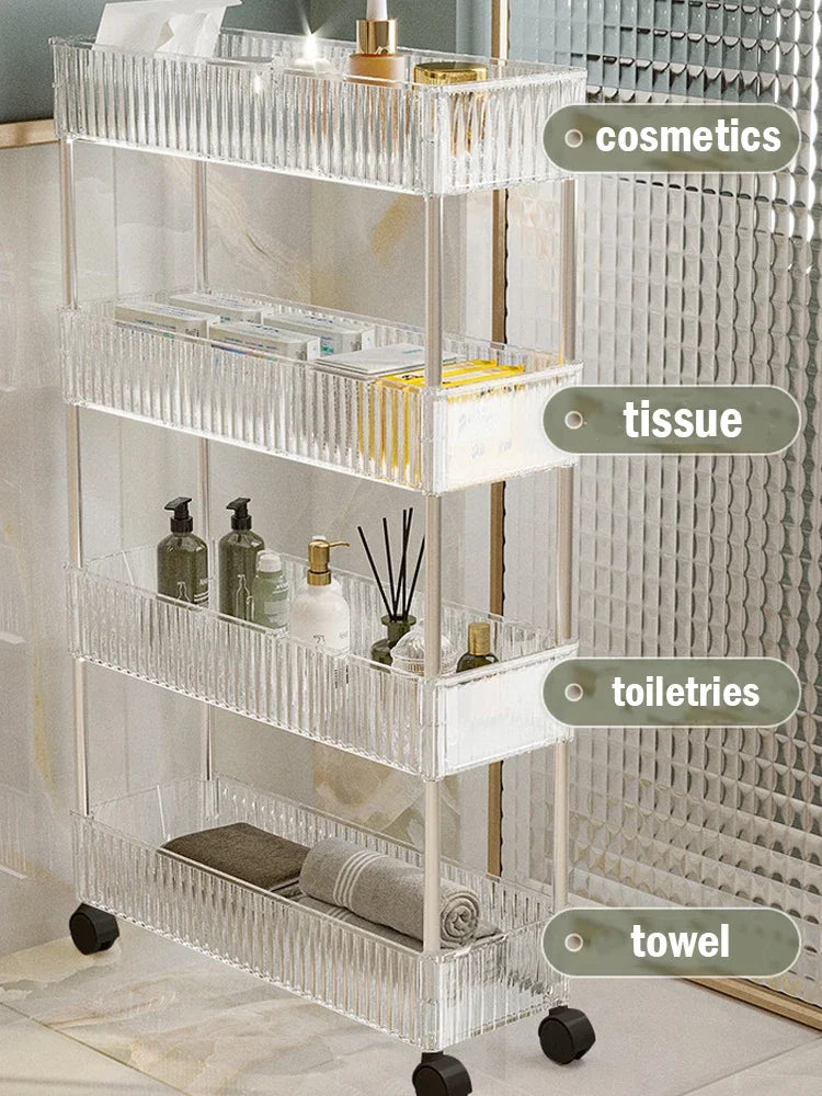 Clear Acrylic Trolley Rack Movable Rolling Utility Cart Narrow Gap Storage Rack with Wheels Bathroom Removable Shelf 2/3/4 Layer