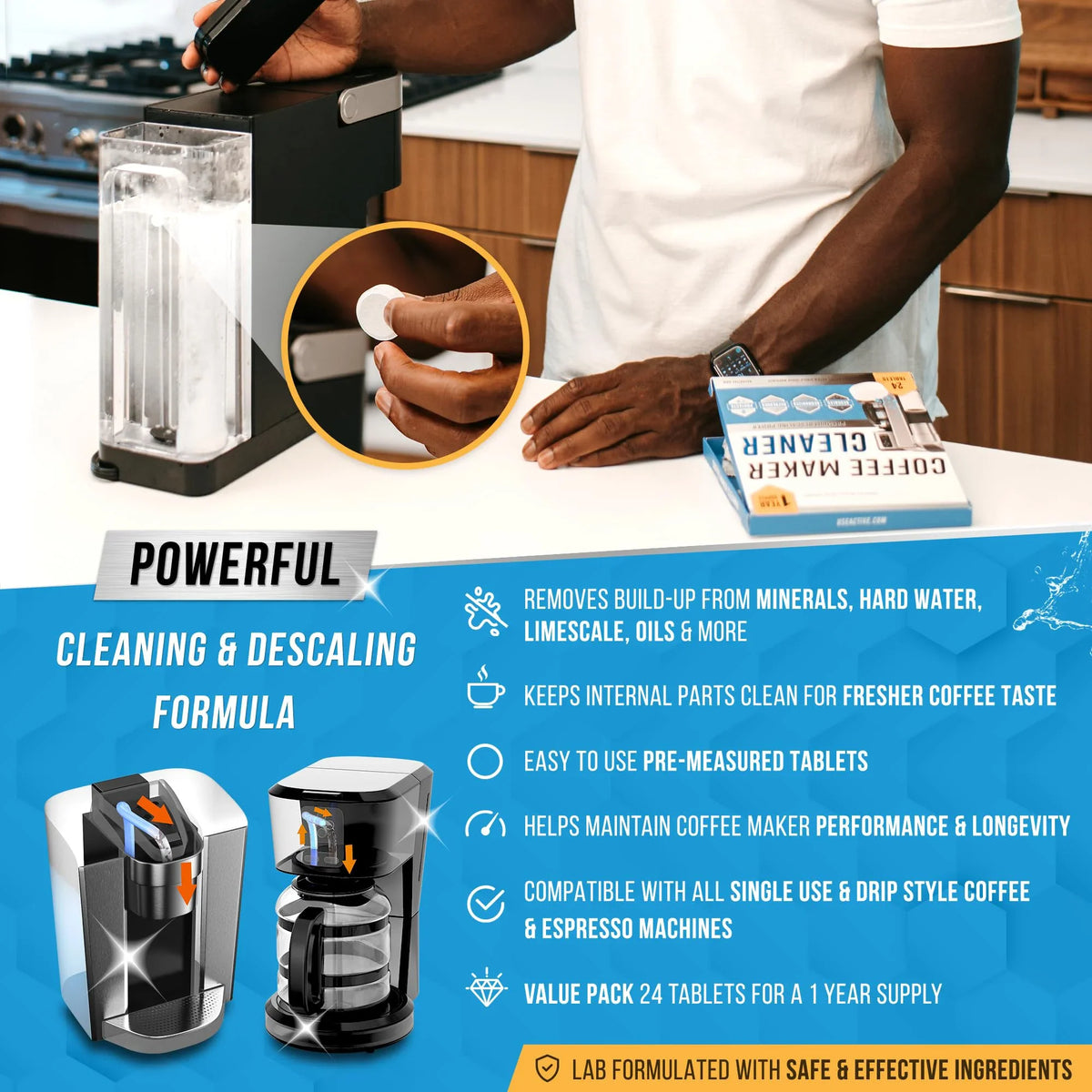 Coffee Machine Cleaner Descaler Tablets 24 Count,Coffee Maker Pot Descaling&Cleaning Tabs, Descale Drip Coffe&Espresso Machines